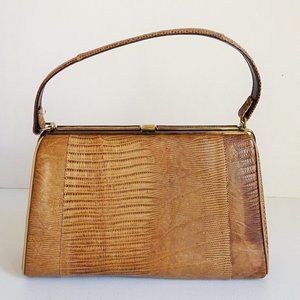 Vintage 1950's Snakeskin Reptile Tan Frame Handbag